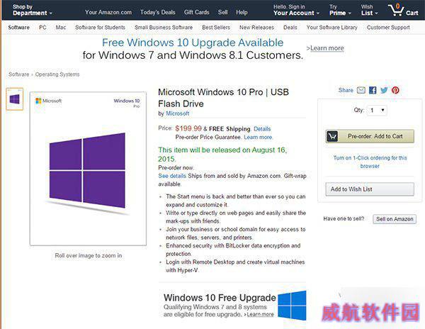 美亚马逊开启U盘版Win10预订 家庭版120美元